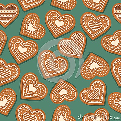 Festive Christmas seamless pattern with gingerbread hearts Vector Illustration