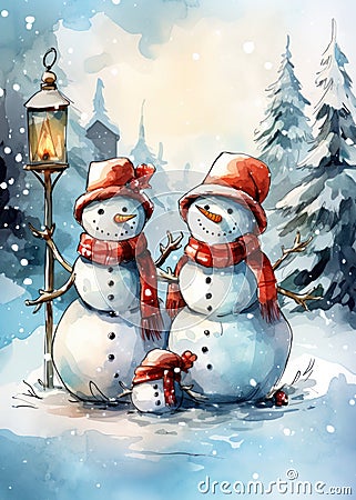 Festive Christmas Snowmen - Christmas card Concept Stock Photo
