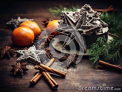 Festive Christmas spices and cookies on wooden background Stock Photo