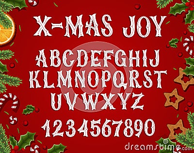 Festive christmas vector serif font. Hand drawn typeset abc with numbers Vector Illustration
