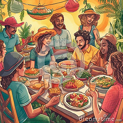 Festive Cinco de Mayo Friends Enjoying Tacos & Margaritas Outdoors Stock Photo