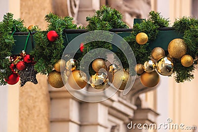 Festive cityscape - view of the Christmas decorations closeup on the Christmas Market Stock Photo