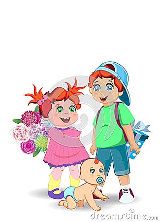 Cartoon illustration of cute little kids with flowers and presents isolated. Vector Illustration