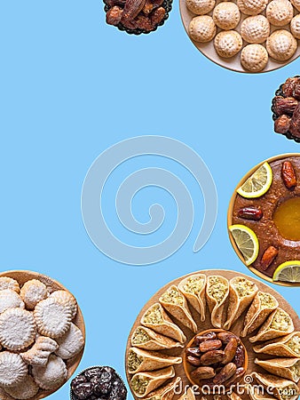 Festive collage with various sweet dishes of Arabic cuisine. Copy space for your text Stock Photo