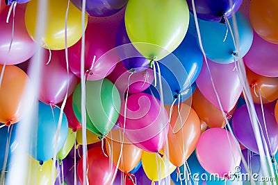 festive, colorful balloons with helium attachment to the white ribbons Stock Photo