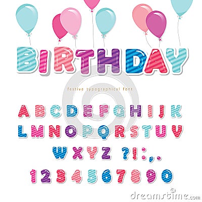 Festive colorful paper cutout font. Bright cartoon ABC letters and numbers isolated on white. For birthday posters, banners, Cartoon Illustration