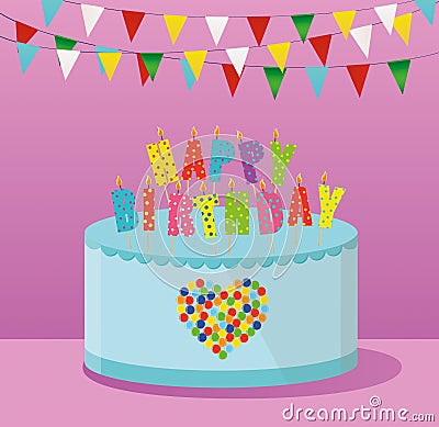 Festive colorful rainbow and a big cake with candles. Happy Birthday Stock Photo