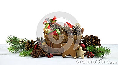 Festive composition in country style. Christmas tree and tinsel. Stock Photo