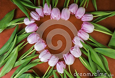 The form of heart from pink tulips Stock Photo