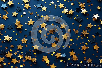 Festive congratulatory blue background with lots of golden shiny stars Stock Photo