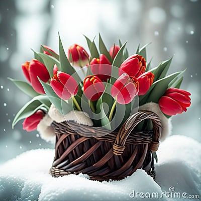 Festive congratulatory bouquet of red tulips in a wicker basket on a background of white snow. Stock Photo