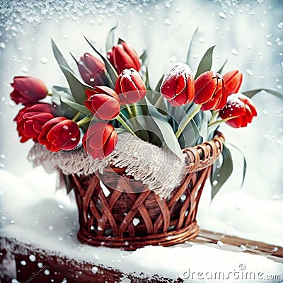 Festive congratulatory bouquet of red tulips in a wicker basket on a background of white snow. Stock Photo