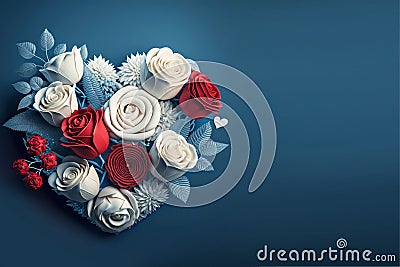 A festive congratulatory bouquet in the shape of a heart made of red and white roses. Generative AI, generative artificial intelli Stock Photo