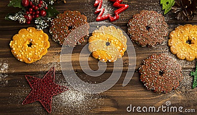 Festive cookies Christmas cooking , top view of chocolate and mi Stock Photo