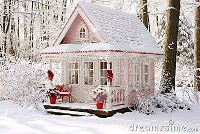 Festive and cozy christmas cottage with snowy surroundings and delicate wreath on the front porch Stock Photo