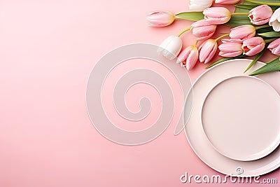 Festive creative table setting plate and tulip bouquet on pink background. Women's Day and Mother's Day Stock Photo