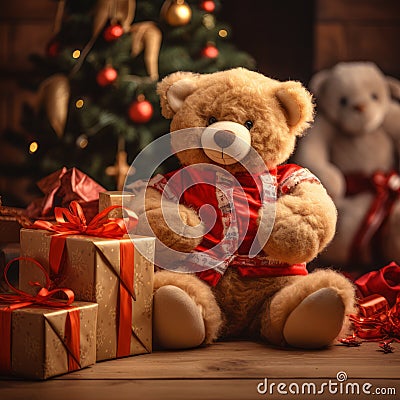 Festive Cuddle: Teddy Bear Amidst Christmas Gifts Under Glowing Tree Stock Photo