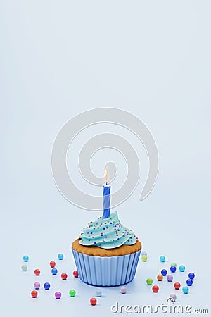 Festive cupcake with candle on blue background, 3d rendering Stock Photo
