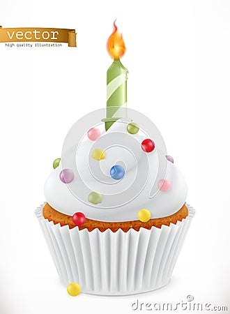 Festive cupcake with candle. 3d vector icon Vector Illustration