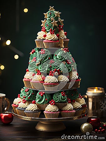 Festive Cupcake Delight: Christmas Tree Made of White and Green Treats Stock Photo