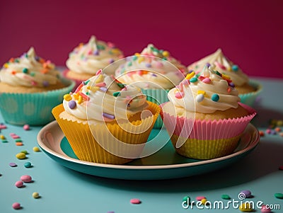 Festive Cupcake Frosting Top with Sprinkles. Generative AI Stock Photo