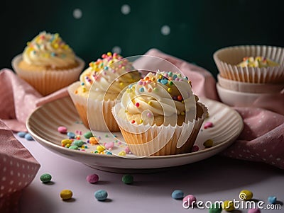 Festive Cupcake Frosting Top with Sprinkles. Generative AI Stock Photo