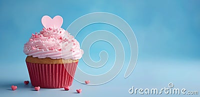 festive cupcake with pink icing, decorated with pink heart with small sprinkles, on blue background Stock Photo