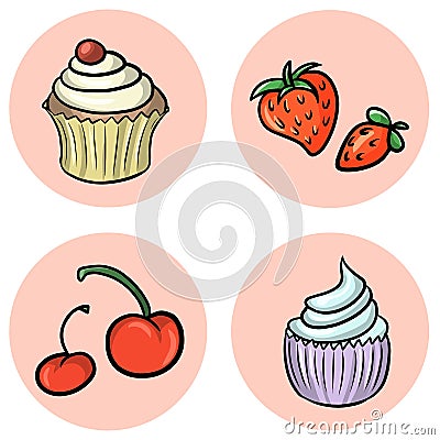 Festive cupcakes with multicolored cream, strawberries and cherries, on a round pink background. Vector illustration Vector Illustration