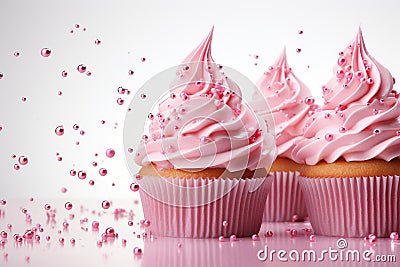 Festive cupcakes with pink cream and pink topping on a white background. Generated by artificial intelligence Stock Photo