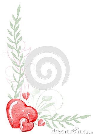 Festive cute border of hearts and leaves. Watercolor illustration, handmade Cartoon Illustration