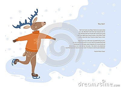Festive cute deer ice skating with place for text. Vector Illustration