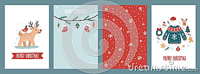 Festive cute merry christmas greeting cards set Vector Illustration