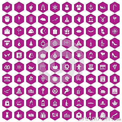 100 festive day icons hexagon violet Vector Illustration