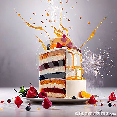 Festive decorated cake with frosting and fruits Stock Photo