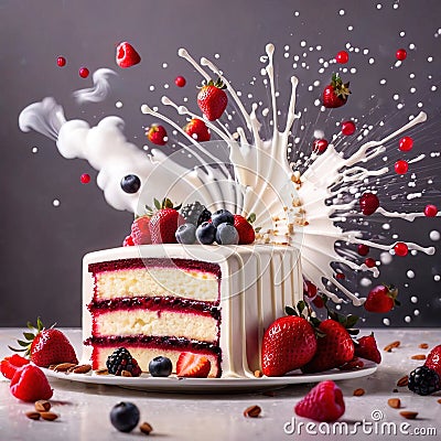 Festive decorated cake with frosting and fruits Stock Photo