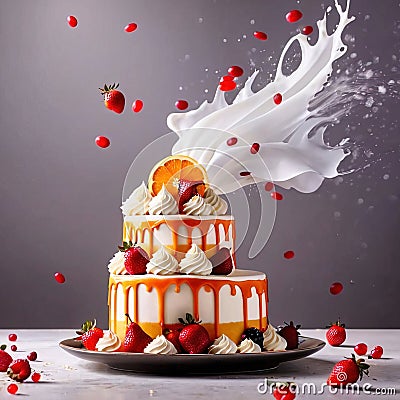 Festive decorated cake with frosting and fruits Stock Photo