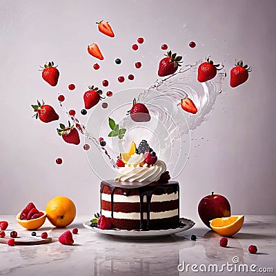 Festive decorated cake with frosting and fruits Stock Photo