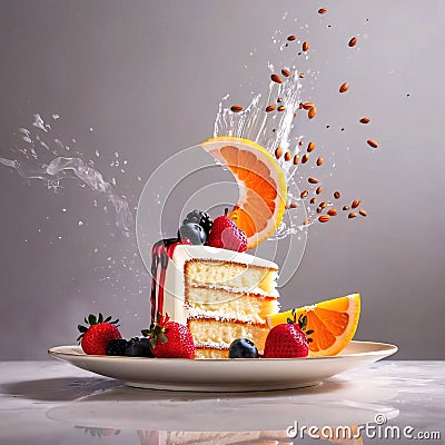 Festive decorated cake with frosting and fruits Stock Photo