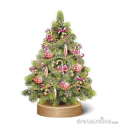 Festive Decoration Christmas Tree Pine On Wooden Stand Vector Illustration