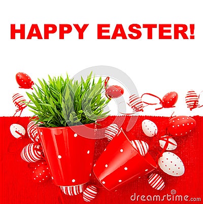 Festive decoration with white red easter eggs Stock Photo