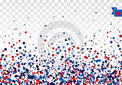 Festive design background concept with scatter circles, stars in traditional American colors - red, white, blue. Isolated on Vector Illustration