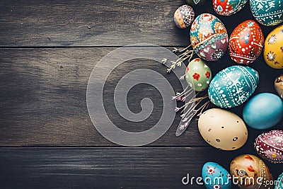 Festive Easter background with colored eggs on a brown wooden table Stock Photo