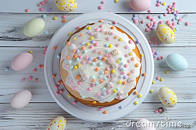 Festive Easter cake with colorful candy toppings and pastel eggs on wooden background. Stock Photo
