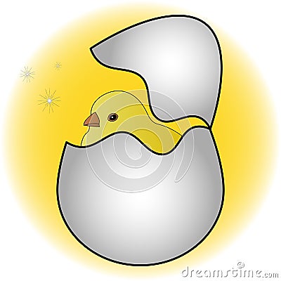 Festive Easter card â€“ a cute chicken hatching from an egg. Vector. The shell is cracked, life is born. Tinsel. Vector Illustration