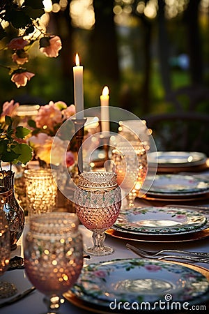 A festive Easter dinner table set with decorative plates, glasses, and candles. Stock Photo