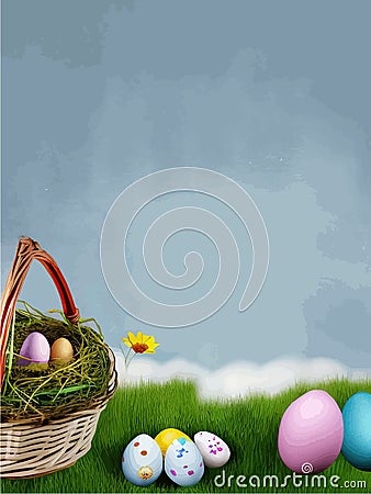 Festive Easter postcard. Easter eggs in basket on colored background. Vector Vector Illustration