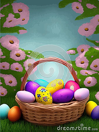 Festive Easter postcard. Easter eggs in basket on colored background. Vector Vector Illustration