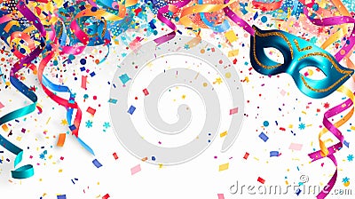 Festive Elegance: Masks, Streamers and Confetti Create a Decorative Frame on a White Background, Ideal for Creative Projects Stock Photo