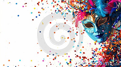Festive Elegance: Masks, Streamers and Confetti Create a Decorative Frame on a White Background, Ideal for Creative Projects Stock Photo
