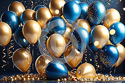 Festive Elegance: Realistic Festive Backdrop, Golden and Blue Balloons Floating Amidst Cascading Confetti, Background Celebration Stock Photo